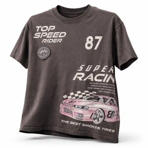 Social Scene Women's XS T-Shirt Grey Pink Car Graphic Top Speed Racing Fair Cond